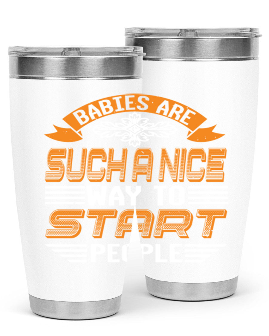 Stylish 20oz and 30oz stainless steel tumblers with a baby shower theme, featuring double wall vacuum insulation and a drink-thru lid.