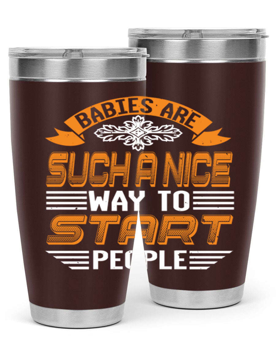 Stylish 20oz and 30oz stainless steel tumblers with a baby shower theme, featuring double wall vacuum insulation and a drink-thru lid.