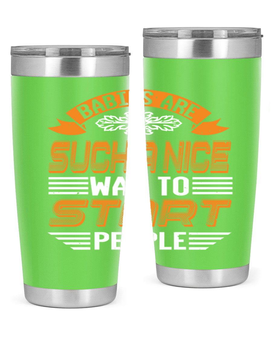 Stylish 20oz and 30oz stainless steel tumblers with a baby shower theme, featuring double wall vacuum insulation and a drink-thru lid.