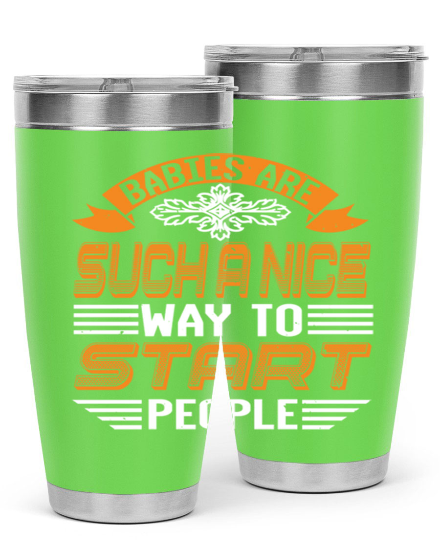Stylish 20oz and 30oz stainless steel tumblers with a baby shower theme, featuring double wall vacuum insulation and a drink-thru lid.
