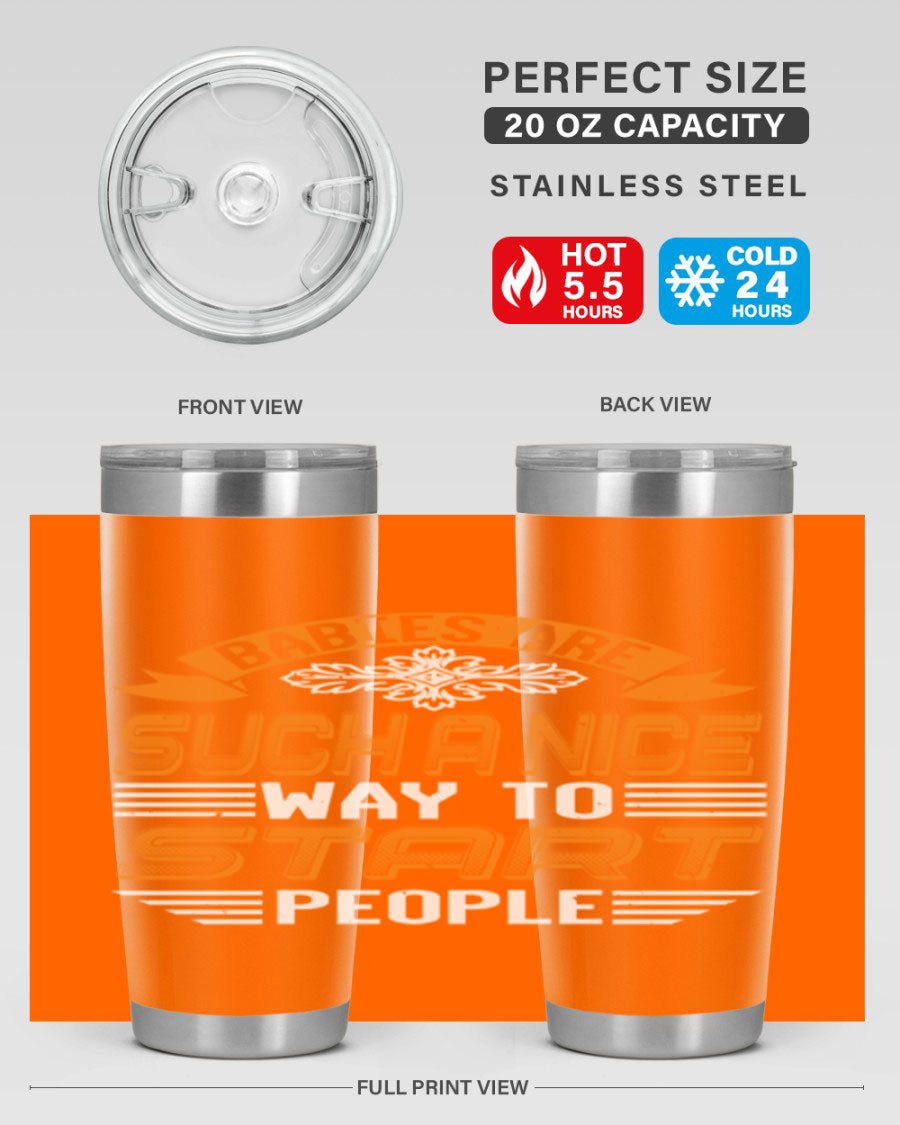 Stylish 20oz and 30oz stainless steel tumblers with a baby shower theme, featuring double wall vacuum insulation and a drink-thru lid.