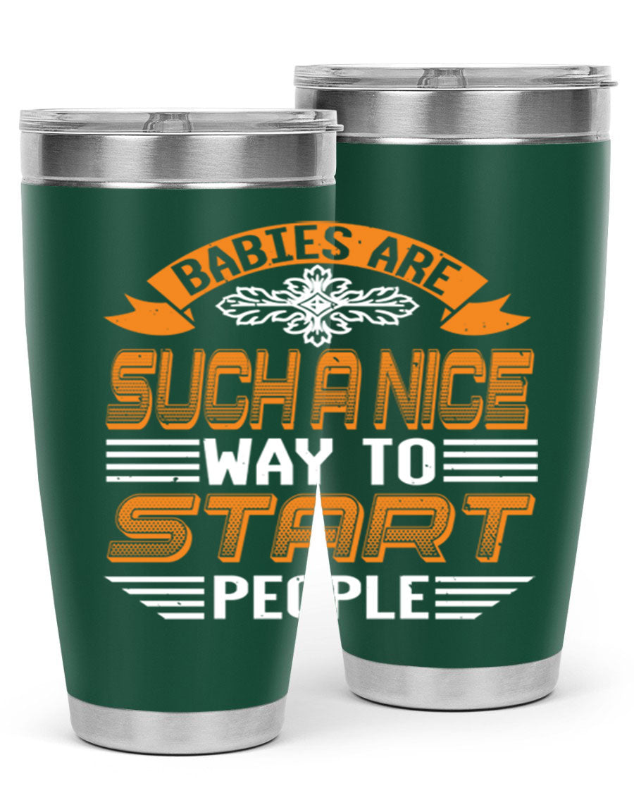 Stylish 20oz and 30oz stainless steel tumblers with a baby shower theme, featuring double wall vacuum insulation and a drink-thru lid.