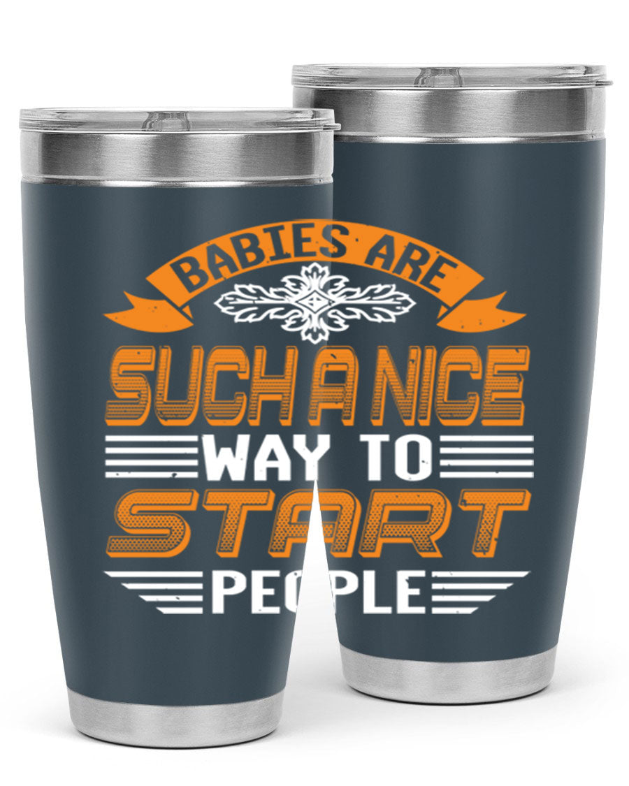 Stylish 20oz and 30oz stainless steel tumblers with a baby shower theme, featuring double wall vacuum insulation and a drink-thru lid.