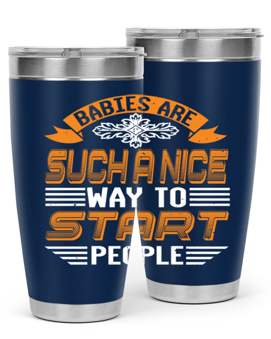 Stylish 20oz and 30oz stainless steel tumblers with a baby shower theme, featuring double wall vacuum insulation and a drink-thru lid.