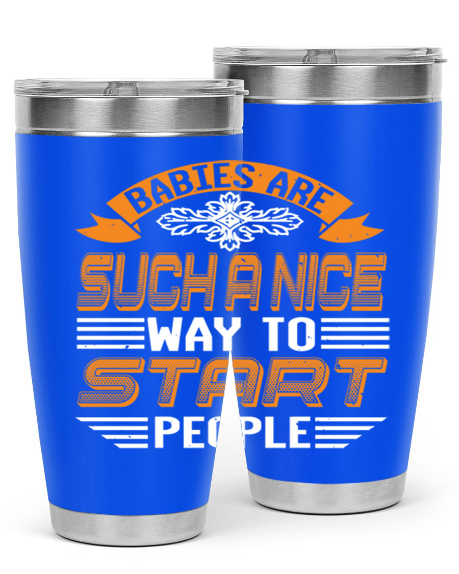 Stylish 20oz and 30oz stainless steel tumblers with a baby shower theme, featuring double wall vacuum insulation and a drink-thru lid.