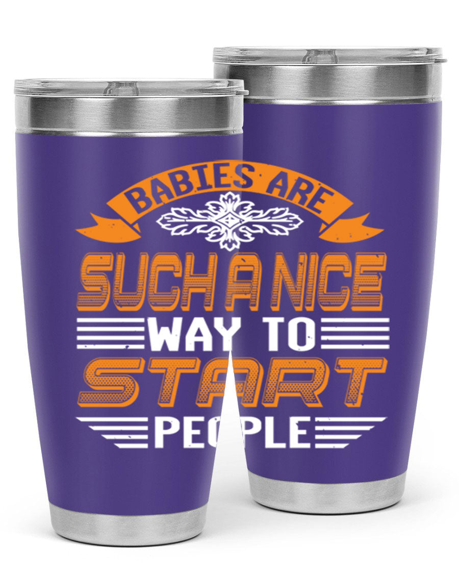 Stylish 20oz and 30oz stainless steel tumblers with a baby shower theme, featuring double wall vacuum insulation and a drink-thru lid.