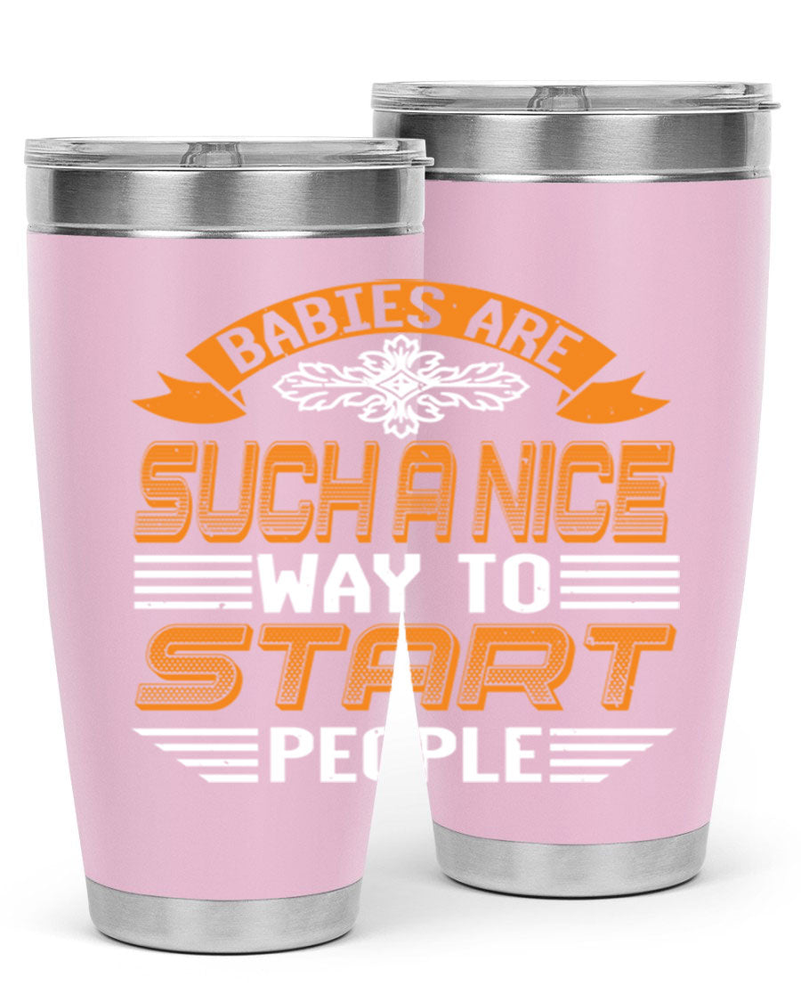 Stylish 20oz and 30oz stainless steel tumblers with a baby shower theme, featuring double wall vacuum insulation and a drink-thru lid.
