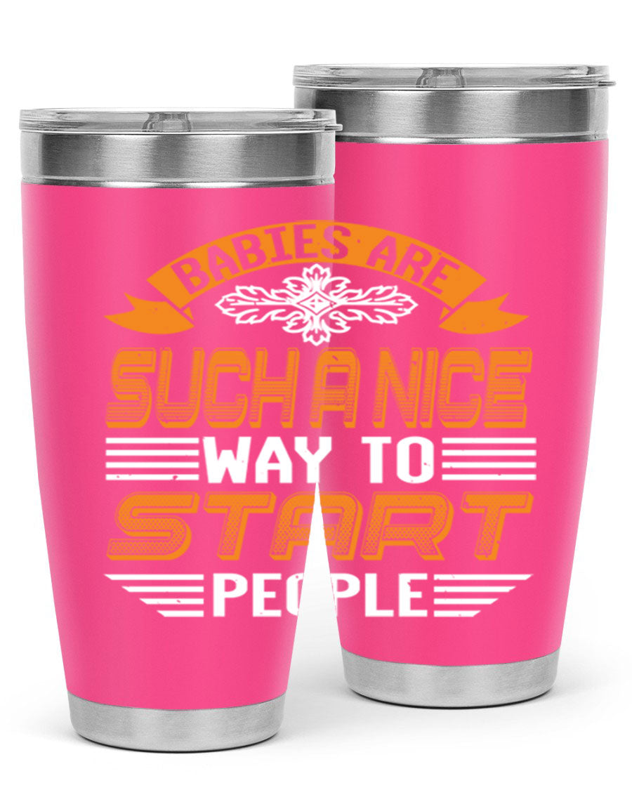 Stylish 20oz and 30oz stainless steel tumblers with a baby shower theme, featuring double wall vacuum insulation and a drink-thru lid.