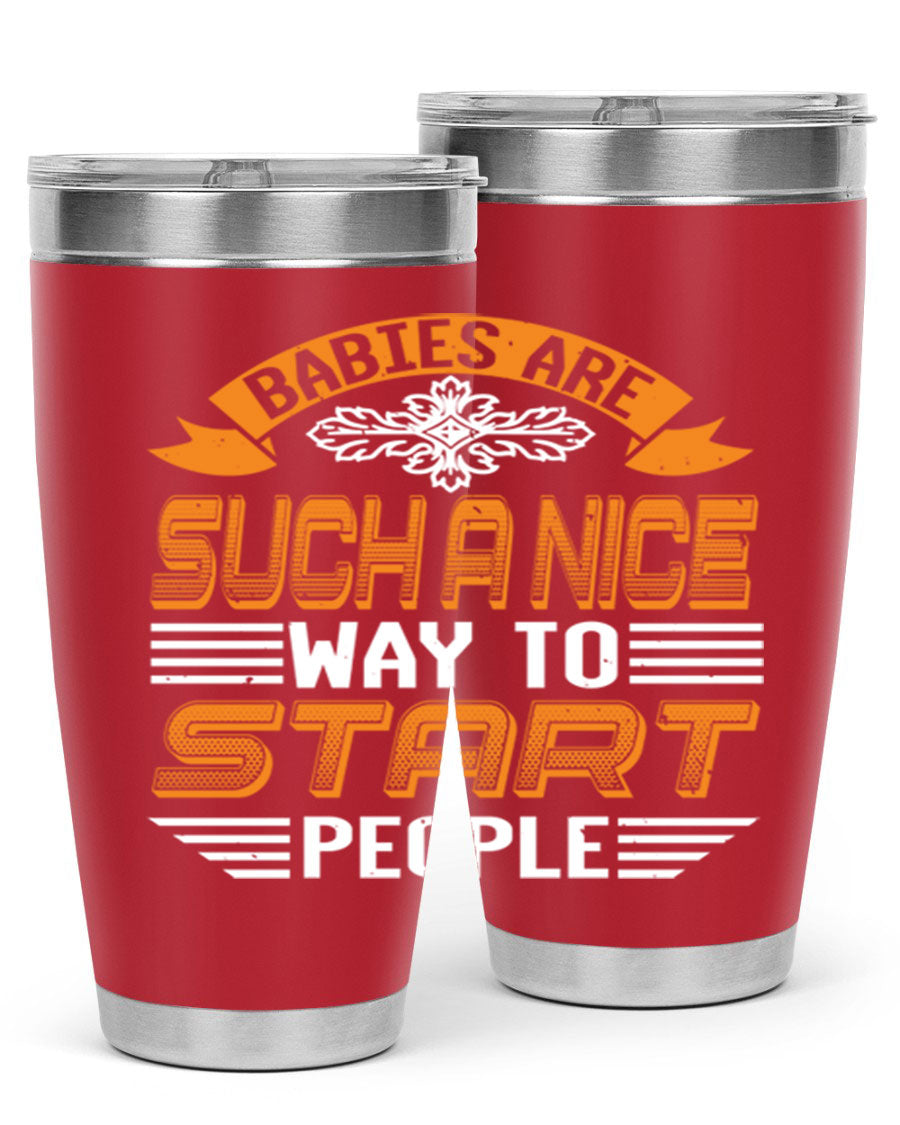 Stylish 20oz and 30oz stainless steel tumblers with a baby shower theme, featuring double wall vacuum insulation and a drink-thru lid.