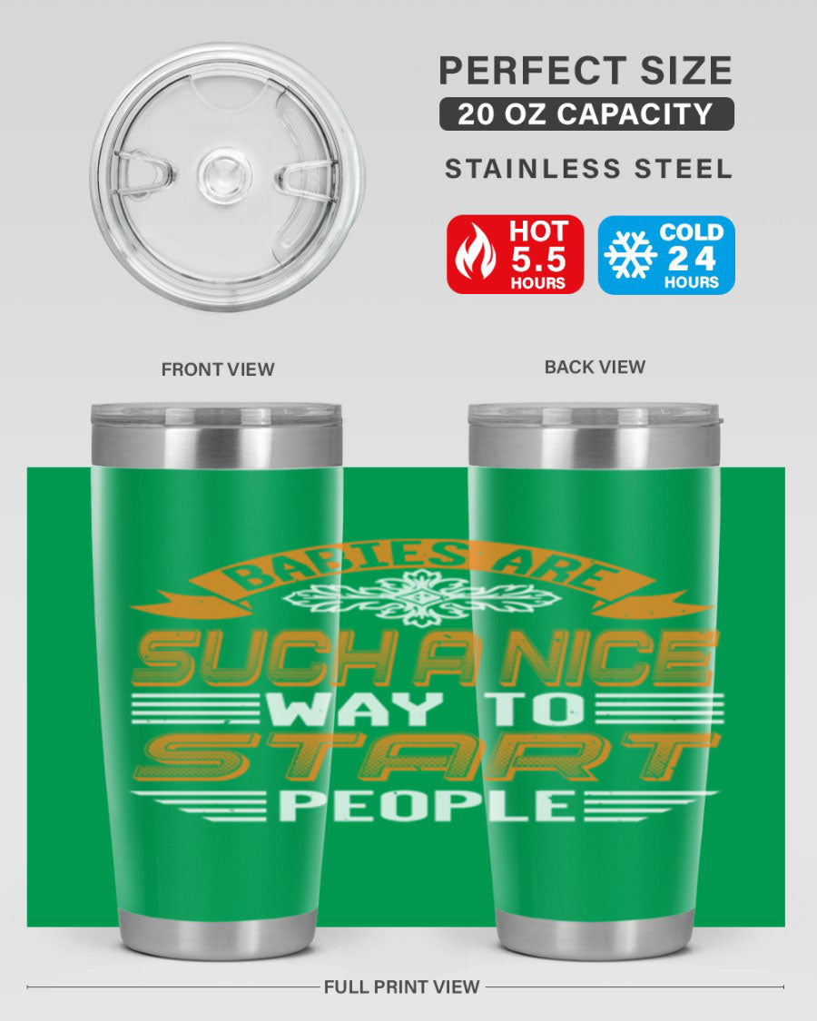 Stylish 20oz and 30oz stainless steel tumblers with a baby shower theme, featuring double wall vacuum insulation and a drink-thru lid.