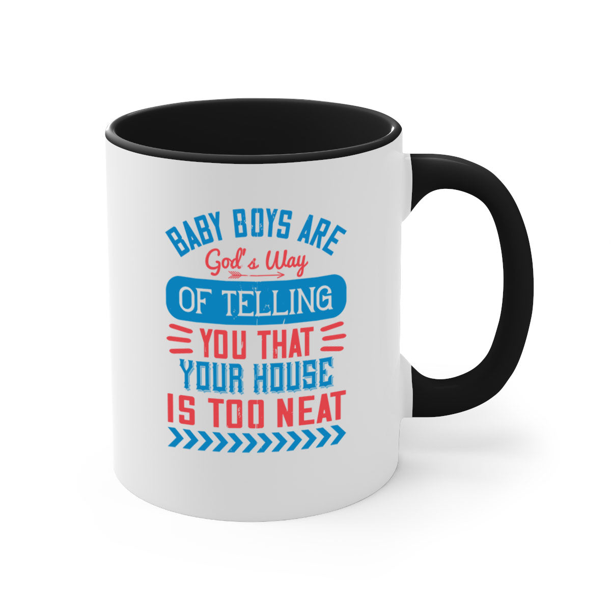 A two-tone ceramic mug with a humorous quote about baby boys, featuring a glossy finish and a colored handle.