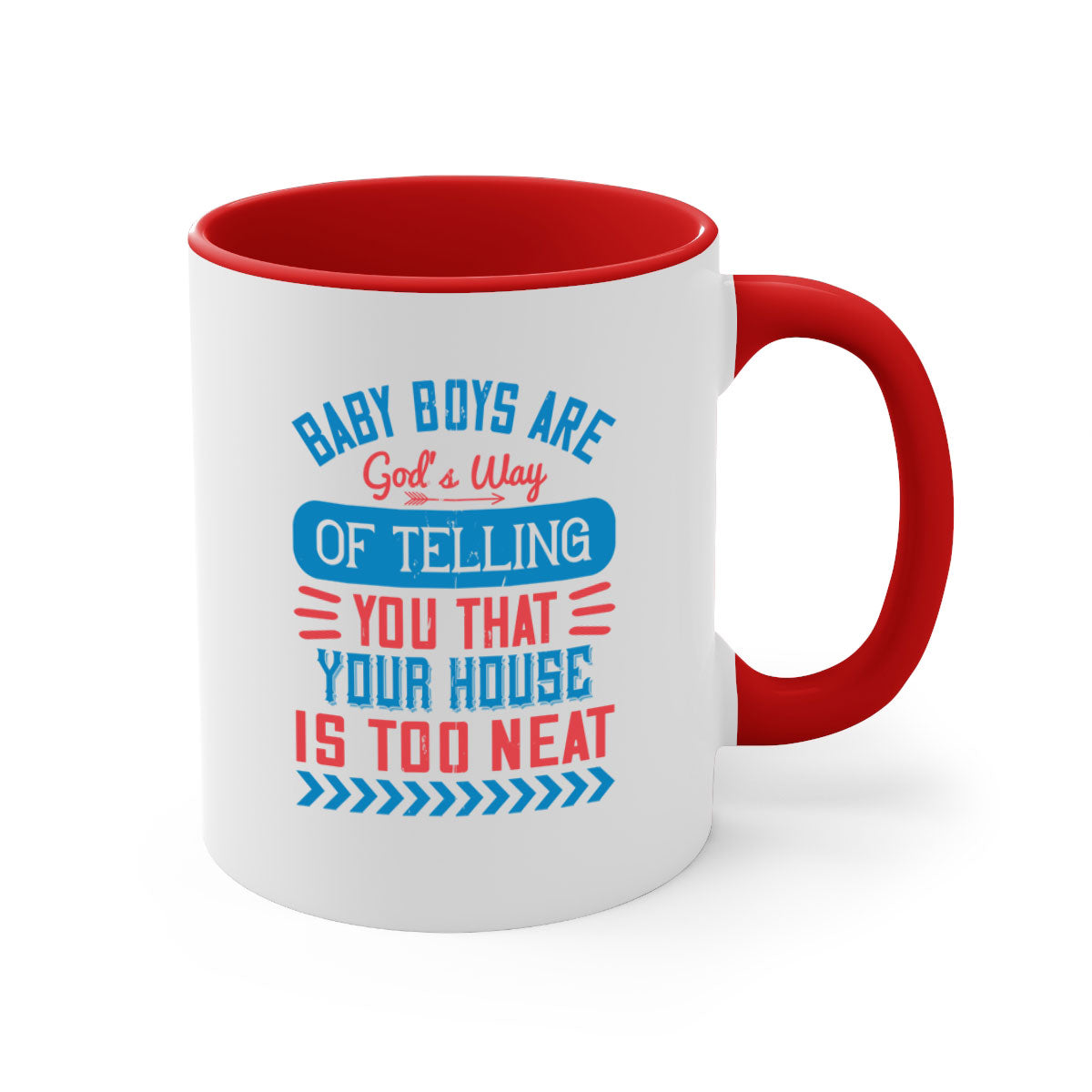 A two-tone ceramic mug with a humorous quote about baby boys, featuring a glossy finish and a colored handle.