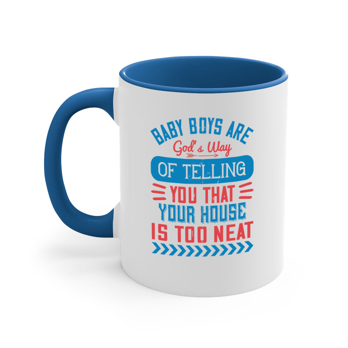 A two-tone ceramic mug with a humorous quote about baby boys, featuring a glossy finish and a colored handle.