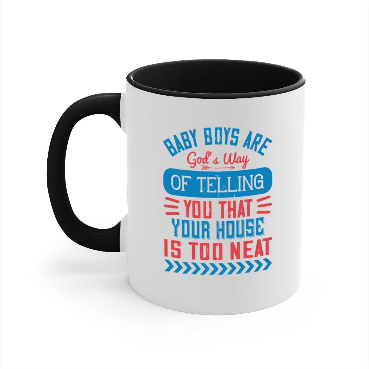 A two-tone ceramic mug with a humorous quote about baby boys, featuring a glossy finish and a colored handle.