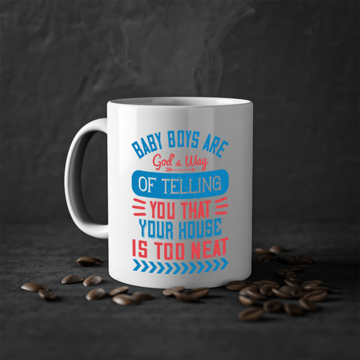 A two-tone ceramic mug with a humorous quote about baby boys, featuring a glossy finish and a colored handle.
