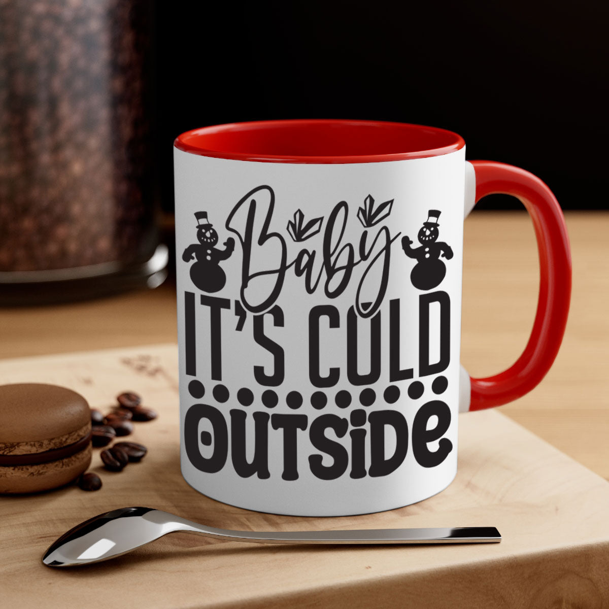 A stylish two-tone Baby it's Cold Outside Mug with a glossy finish, featuring a colored handle and interior, available in multiple colors.