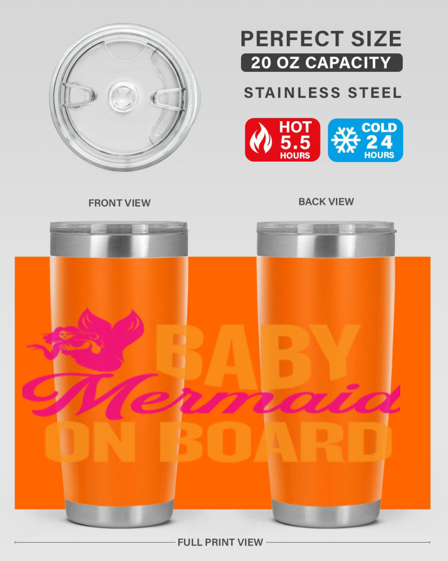 Baby Mermaid On Board 22oz tumbler featuring a whimsical mermaid design, double wall vacuum insulation, and a convenient drink-thru lid.