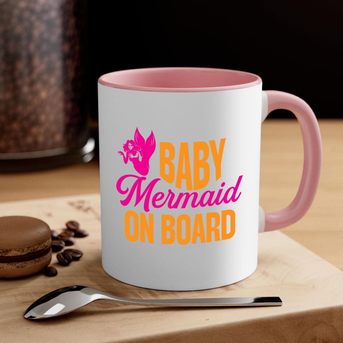 A colorful Baby Mermaid On Board mug featuring a glossy finish, available in multiple colors with a C-shaped handle.