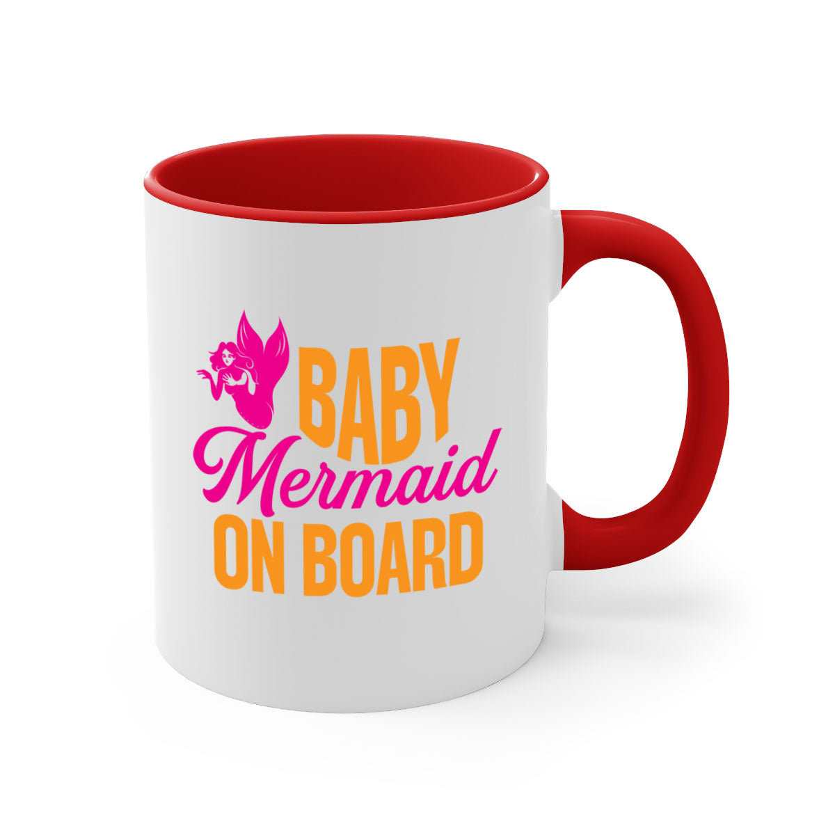 A colorful Baby Mermaid On Board mug featuring a glossy finish, available in multiple colors with a C-shaped handle.