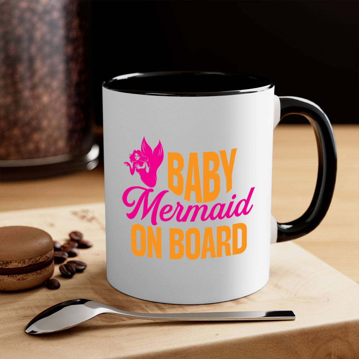 A colorful Baby Mermaid On Board mug featuring a glossy finish, available in multiple colors with a C-shaped handle.
