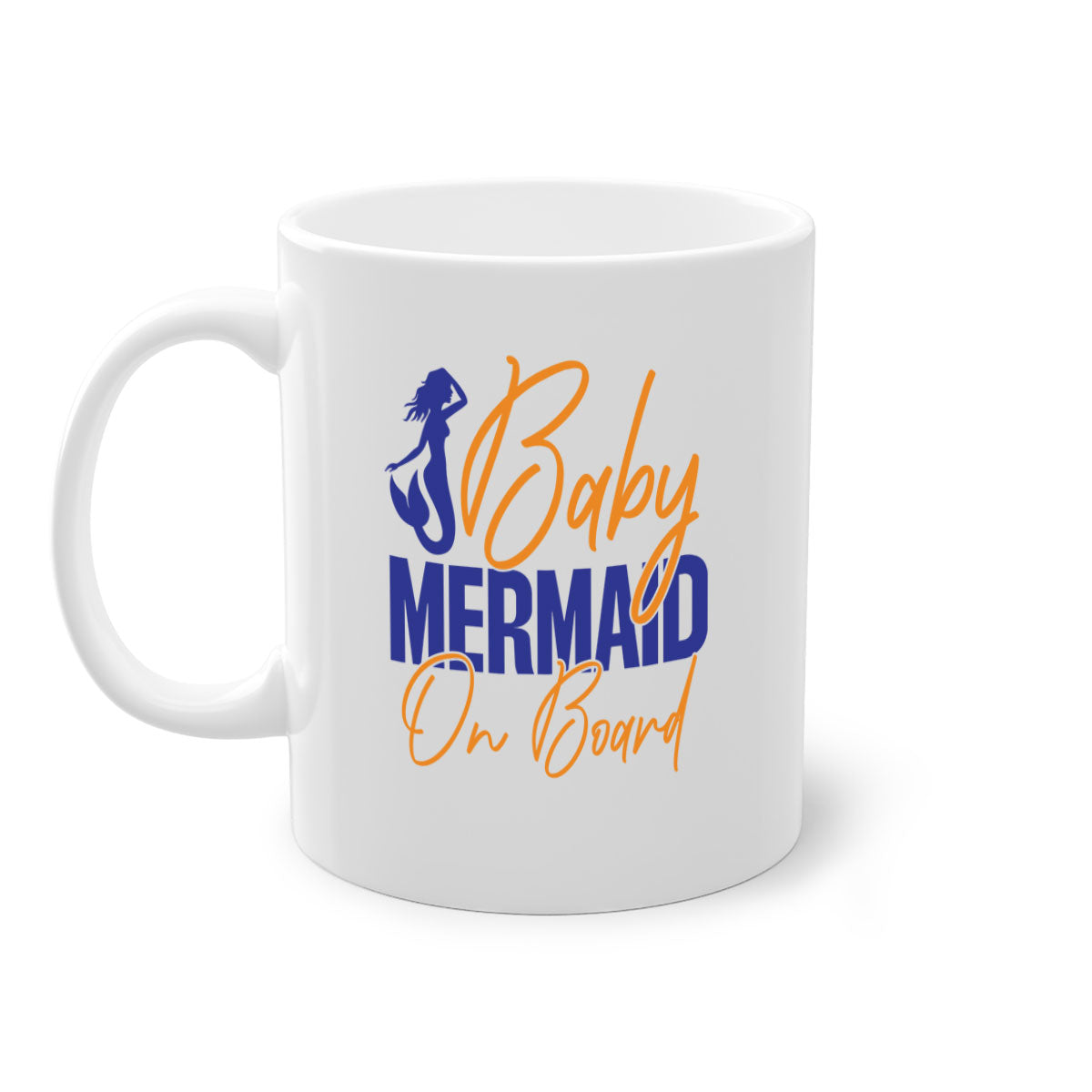 A colorful Baby Mermaid on Board mug featuring a glossy finish, available in multiple colors with a C-shaped handle.