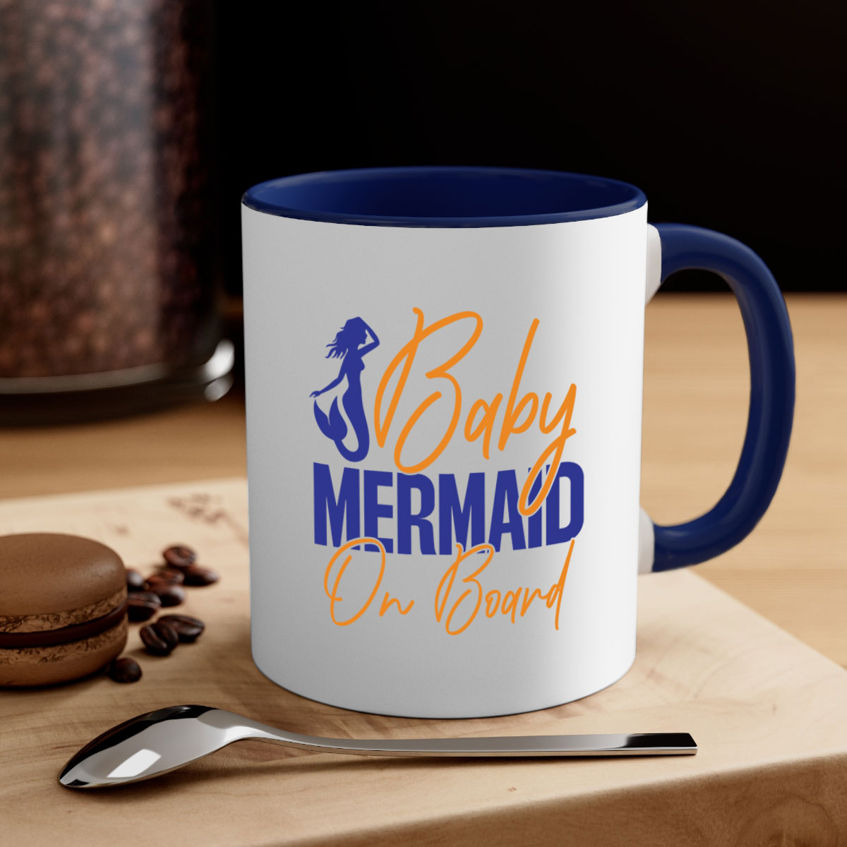 A colorful Baby Mermaid on Board mug featuring a glossy finish, available in multiple colors with a C-shaped handle.