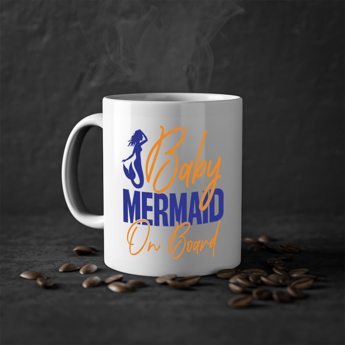 A colorful Baby Mermaid on Board mug featuring a glossy finish, available in multiple colors with a C-shaped handle.