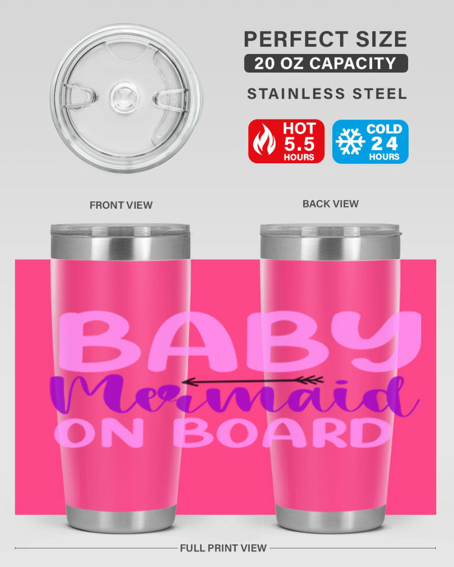 A stylish Baby Mermaid On Board 23# tumbler featuring a whimsical mermaid design, made of double wall vacuum stainless steel with a copper lining.