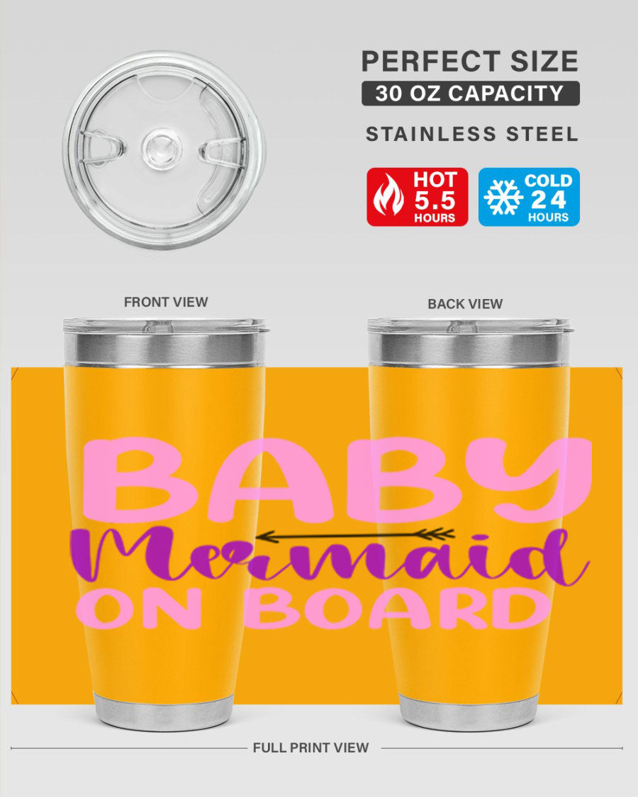 A stylish Baby Mermaid On Board 23# tumbler featuring a whimsical mermaid design, made of double wall vacuum stainless steel with a copper lining.