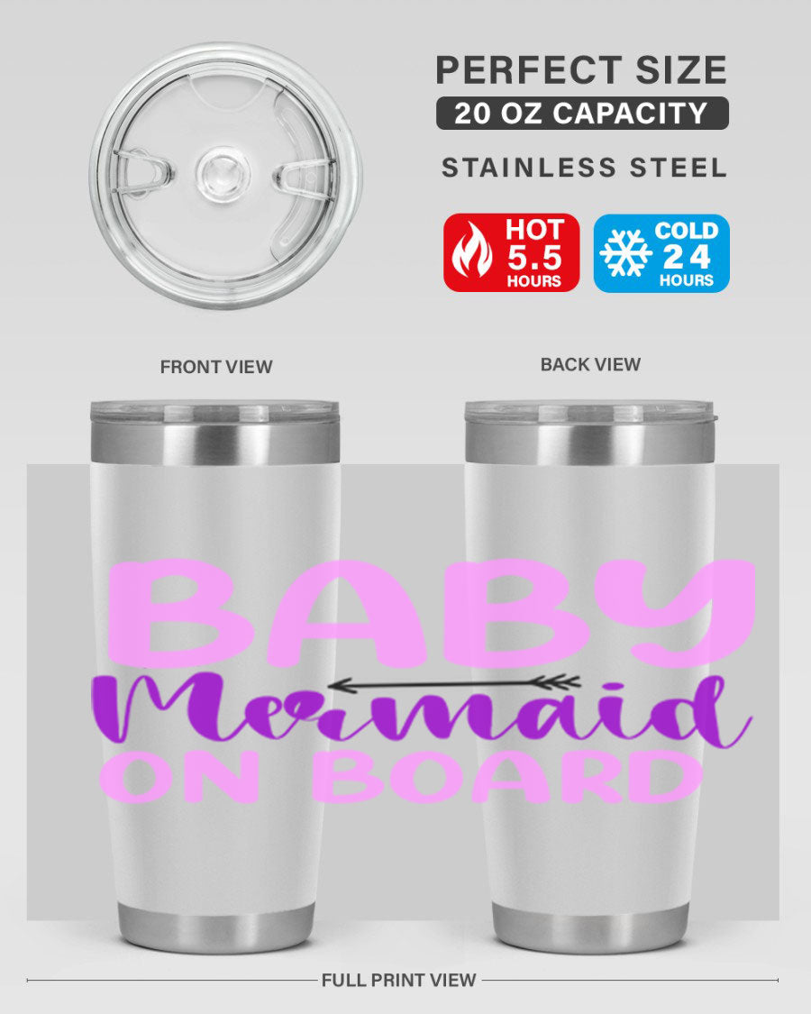 A stylish Baby Mermaid On Board 23# tumbler featuring a whimsical mermaid design, made of double wall vacuum stainless steel with a copper lining.