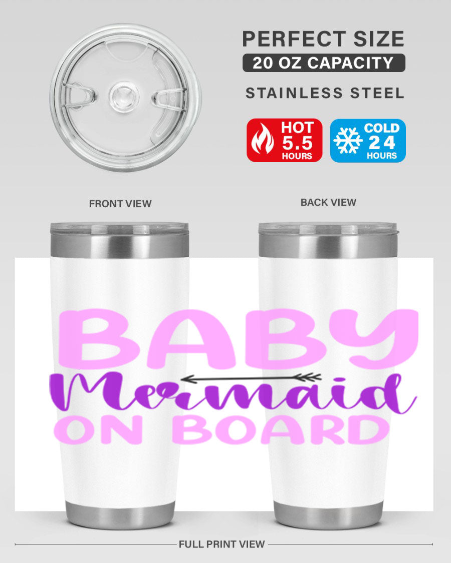 A stylish Baby Mermaid On Board 23# tumbler featuring a whimsical mermaid design, made of double wall vacuum stainless steel with a copper lining.