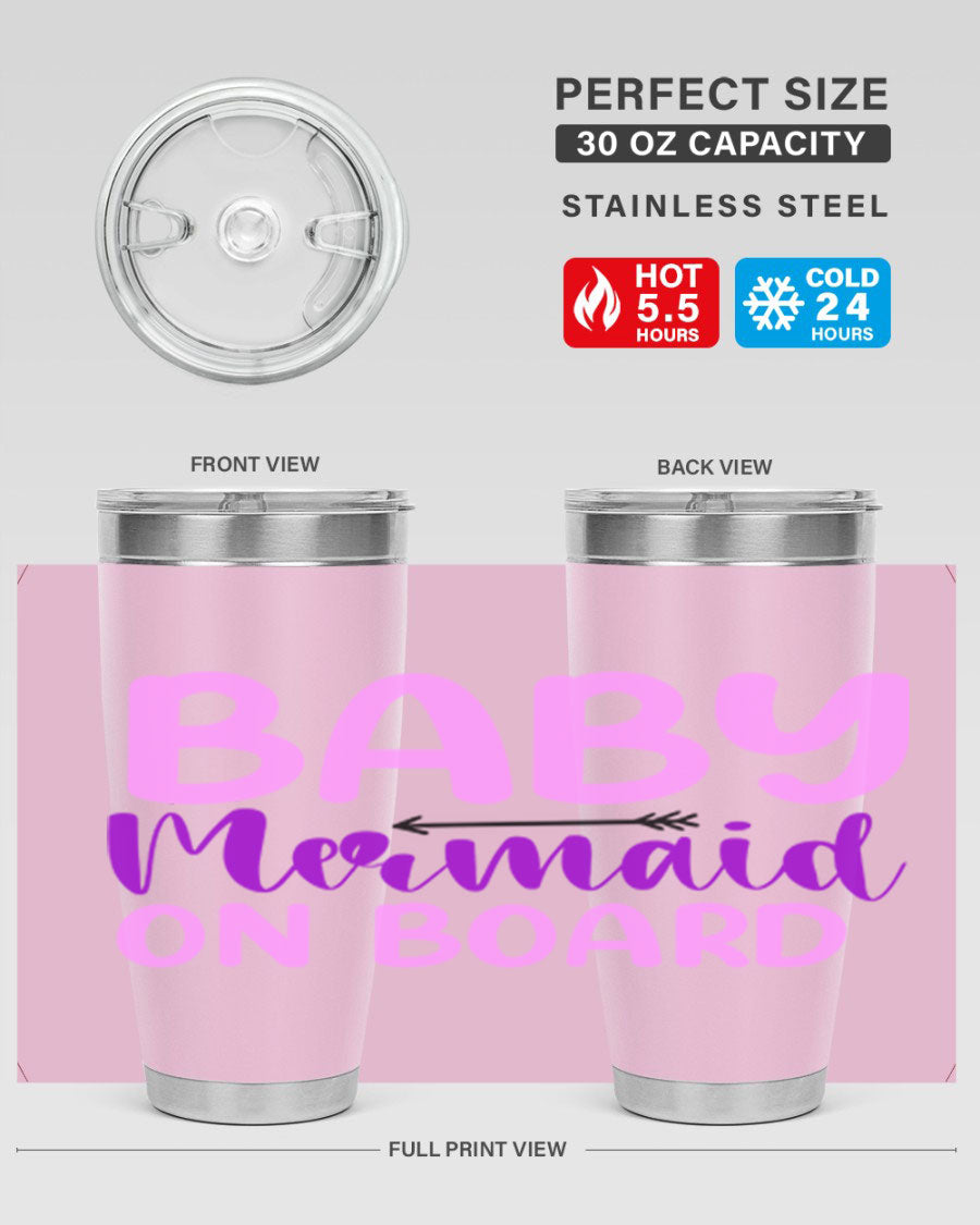 A stylish Baby Mermaid On Board 23# tumbler featuring a whimsical mermaid design, made of double wall vacuum stainless steel with a copper lining.