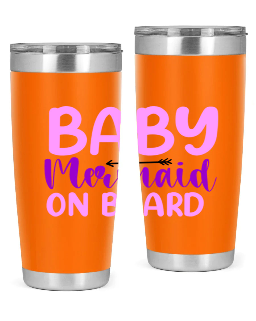 A stylish Baby Mermaid On Board 23# tumbler featuring a whimsical mermaid design, made of double wall vacuum stainless steel with a copper lining.