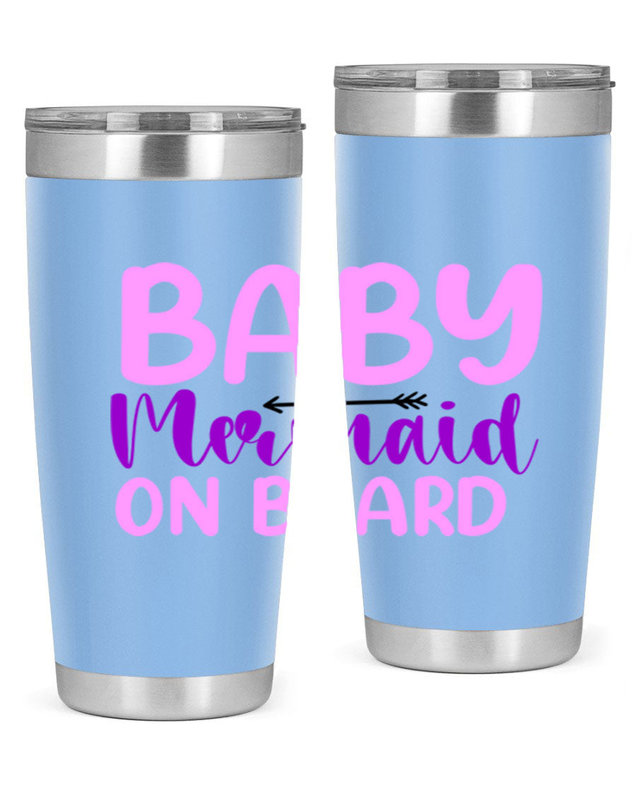 A stylish Baby Mermaid On Board 23# tumbler featuring a whimsical mermaid design, made of double wall vacuum stainless steel with a copper lining.