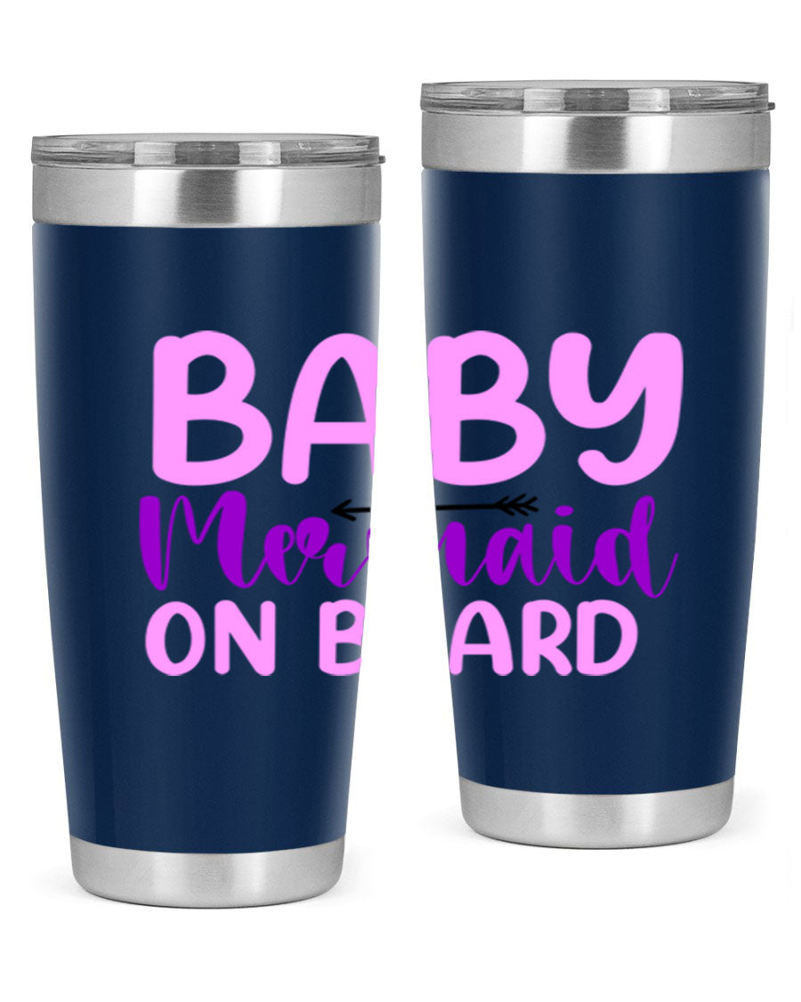 A stylish Baby Mermaid On Board 23# tumbler featuring a whimsical mermaid design, made of double wall vacuum stainless steel with a copper lining.