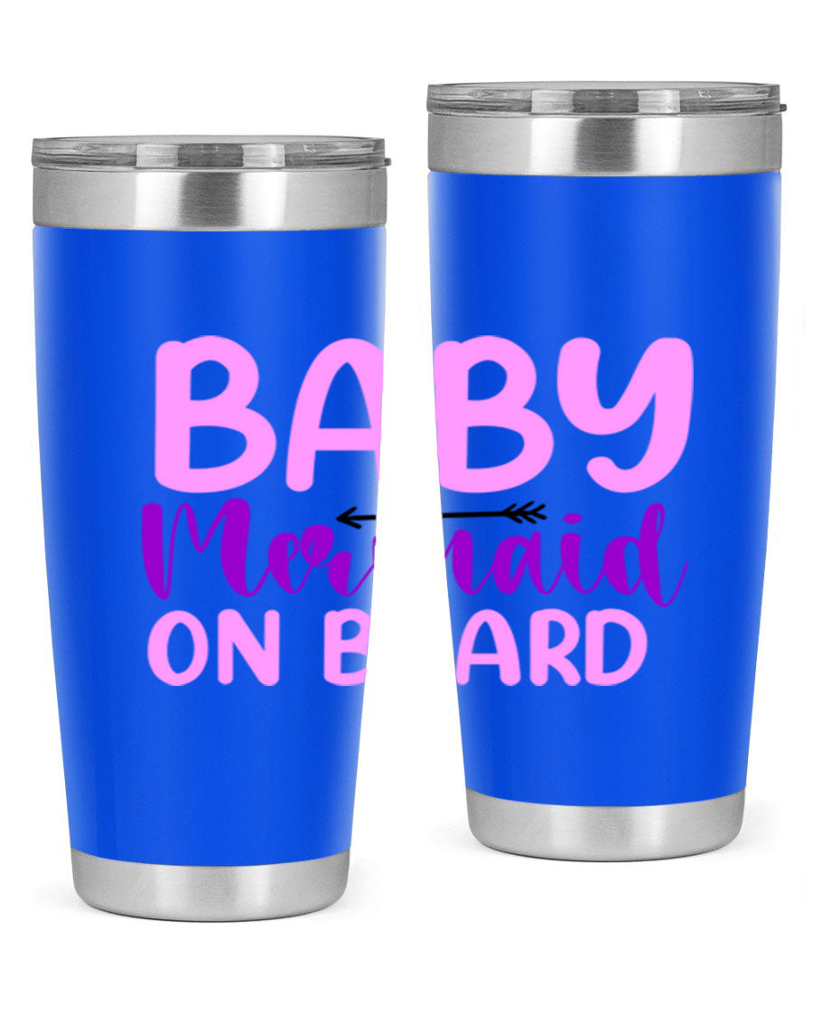 A stylish Baby Mermaid On Board 23# tumbler featuring a whimsical mermaid design, made of double wall vacuum stainless steel with a copper lining.