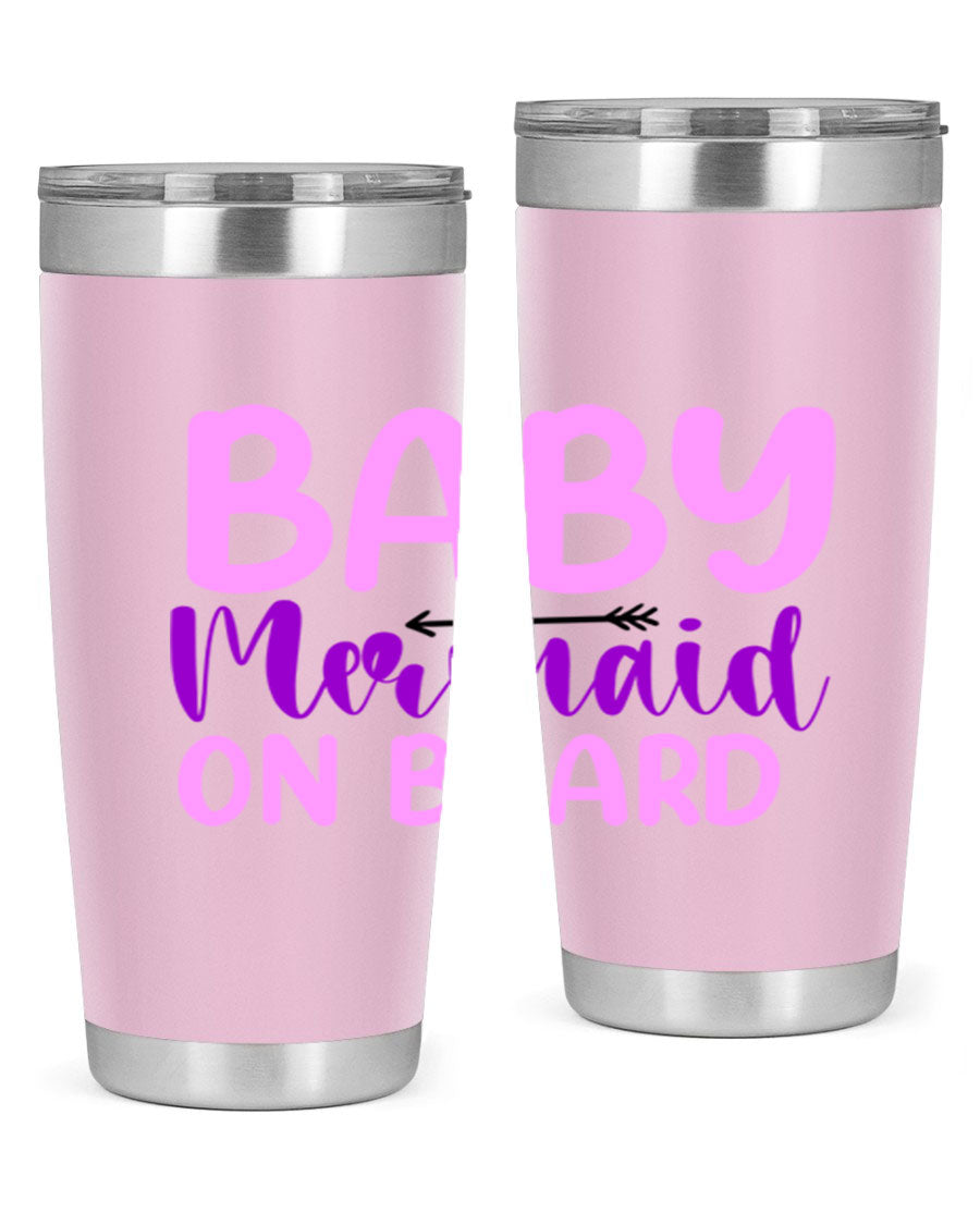 A stylish Baby Mermaid On Board 23# tumbler featuring a whimsical mermaid design, made of double wall vacuum stainless steel with a copper lining.