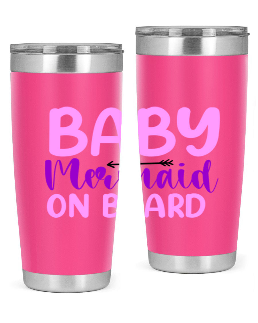A stylish Baby Mermaid On Board 23# tumbler featuring a whimsical mermaid design, made of double wall vacuum stainless steel with a copper lining.