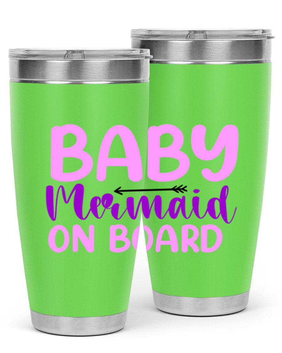 A stylish Baby Mermaid On Board 23# tumbler featuring a whimsical mermaid design, made of double wall vacuum stainless steel with a copper lining.