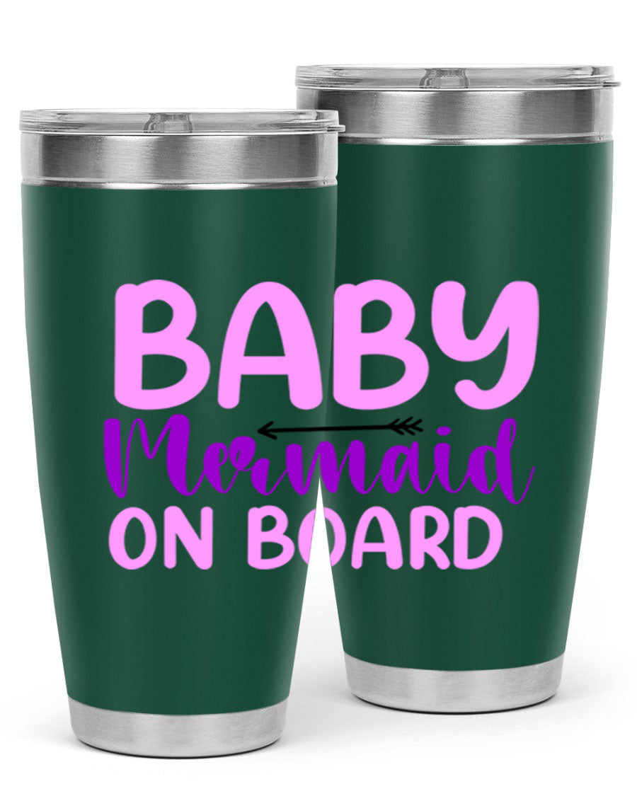 A stylish Baby Mermaid On Board 23# tumbler featuring a whimsical mermaid design, made of double wall vacuum stainless steel with a copper lining.