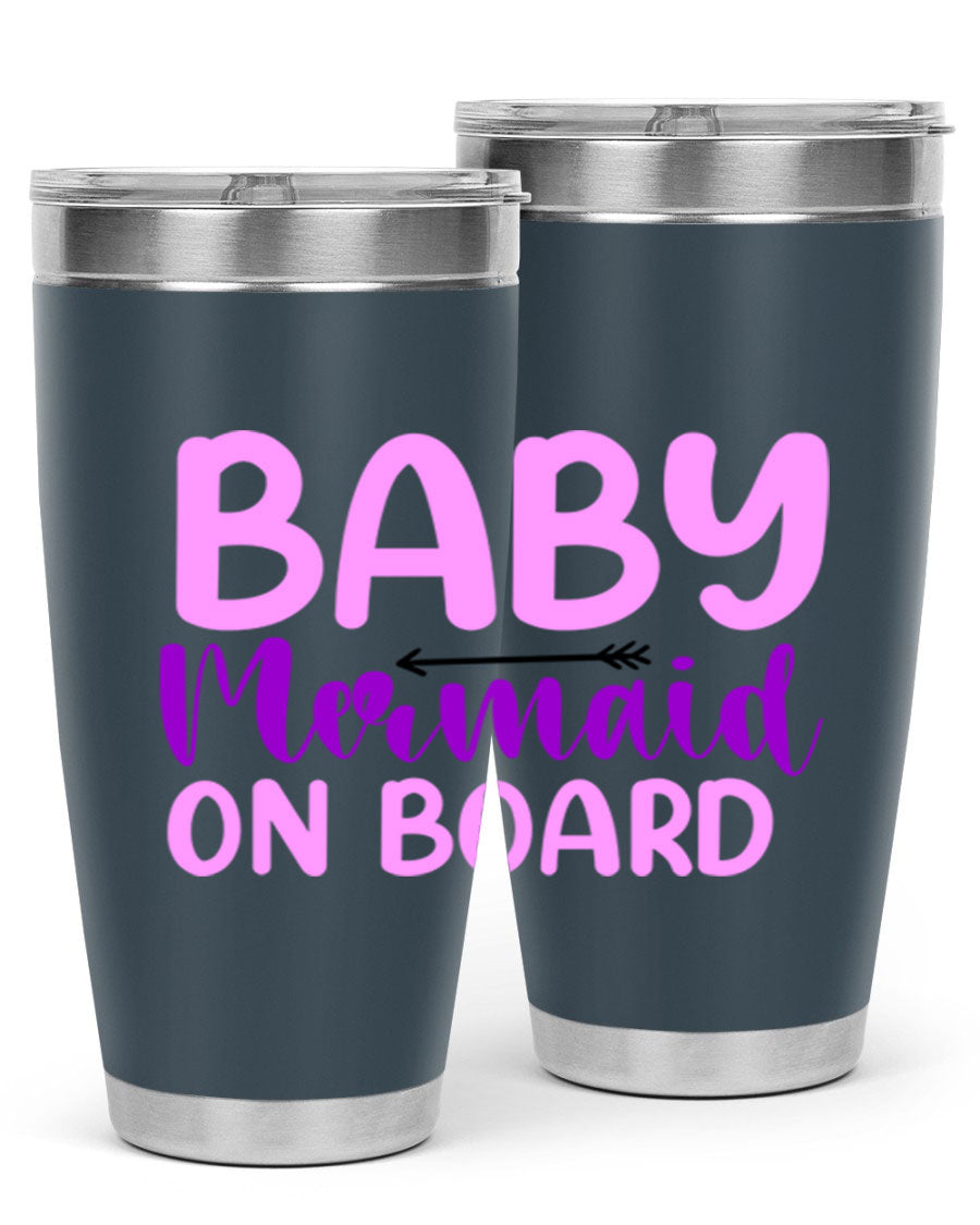 A stylish Baby Mermaid On Board 23# tumbler featuring a whimsical mermaid design, made of double wall vacuum stainless steel with a copper lining.