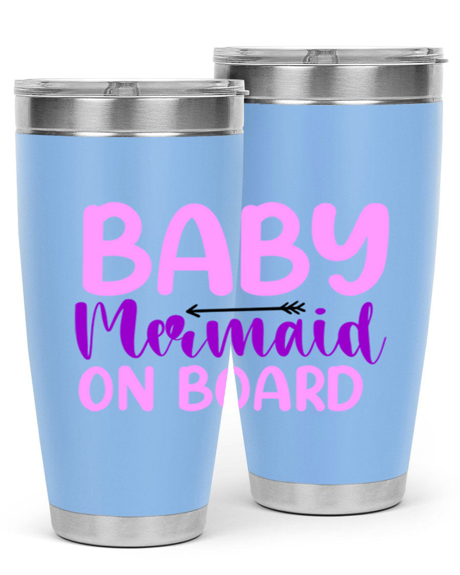 A stylish Baby Mermaid On Board 23# tumbler featuring a whimsical mermaid design, made of double wall vacuum stainless steel with a copper lining.