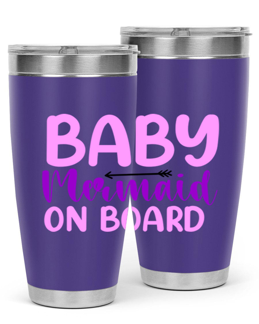 A stylish Baby Mermaid On Board 23# tumbler featuring a whimsical mermaid design, made of double wall vacuum stainless steel with a copper lining.