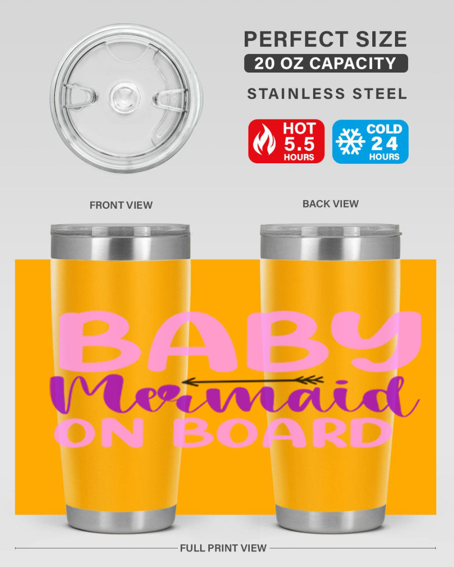 A stylish Baby Mermaid On Board 23# tumbler featuring a whimsical mermaid design, made of double wall vacuum stainless steel with a copper lining.