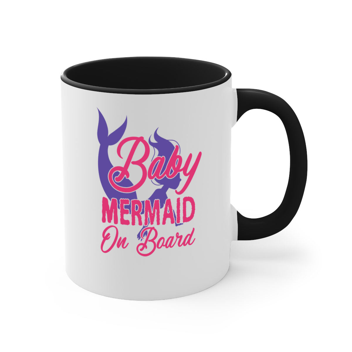 A colorful Baby Mermaid On Board mug with a glossy finish, featuring a mermaid design and a C-shaped handle, available in multiple colors.