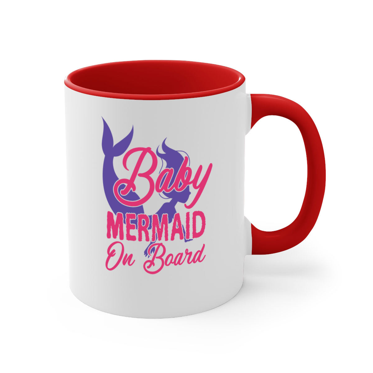 A colorful Baby Mermaid On Board mug with a glossy finish, featuring a mermaid design and a C-shaped handle, available in multiple colors.