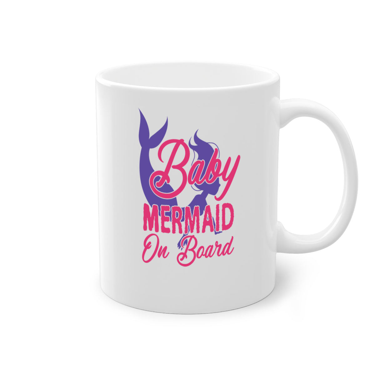 A colorful Baby Mermaid On Board mug with a glossy finish, featuring a mermaid design and a C-shaped handle, available in multiple colors.