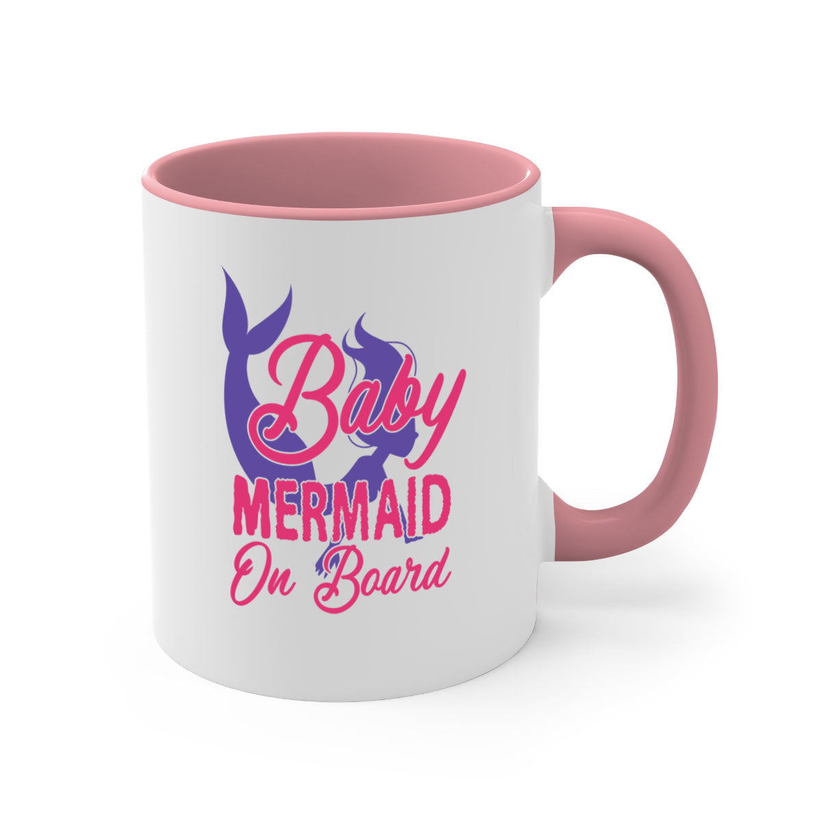 A colorful Baby Mermaid On Board mug with a glossy finish, featuring a mermaid design and a C-shaped handle, available in multiple colors.