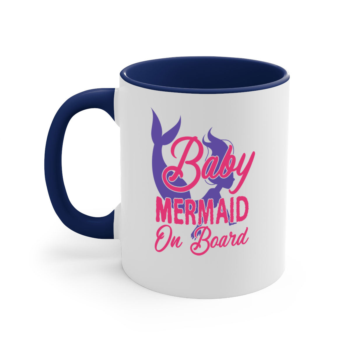 A colorful Baby Mermaid On Board mug with a glossy finish, featuring a mermaid design and a C-shaped handle, available in multiple colors.