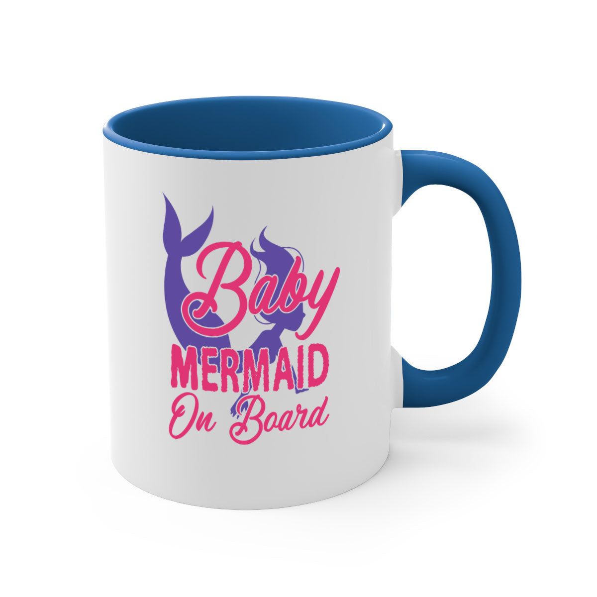 A colorful Baby Mermaid On Board mug with a glossy finish, featuring a mermaid design and a C-shaped handle, available in multiple colors.